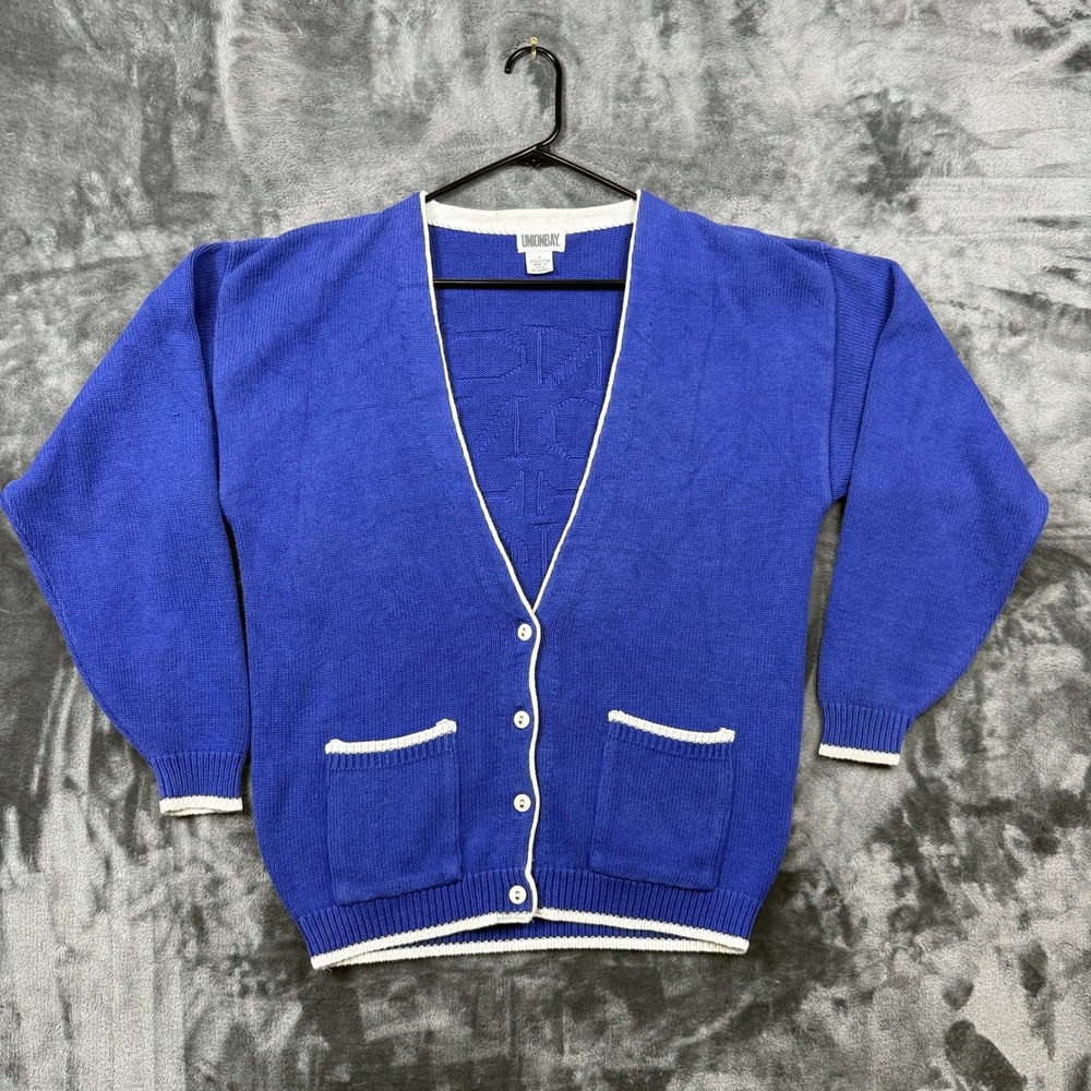 Unionbay Cardigan Sweater Mens Small Blue Vintage Cotton Knit V-Neck USA Made